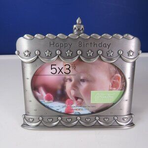 Happy Birthday Metal Picture Frame Brushed Aluminum with Felted Back 5 1/2 x 6"